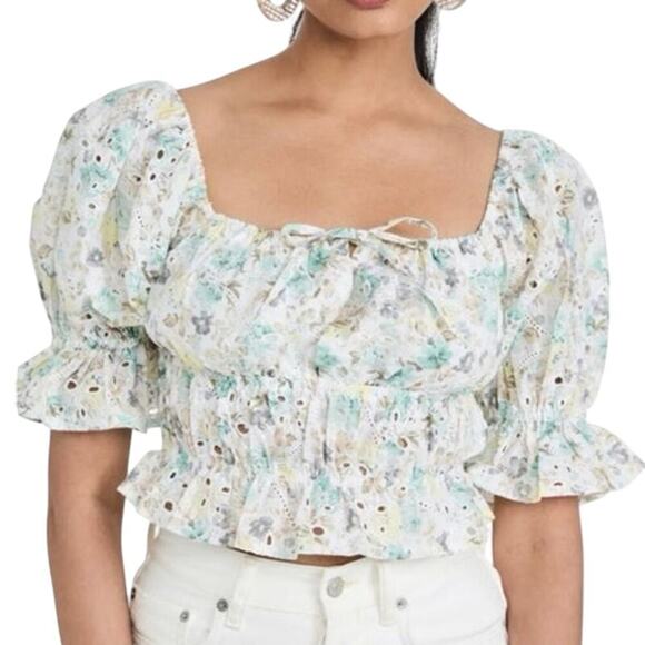 MINKPINK Irwin Eyelet Puff Sleeve Convertible Top Floral Coquette Sz Medium NWT - Picture 2 of 5
